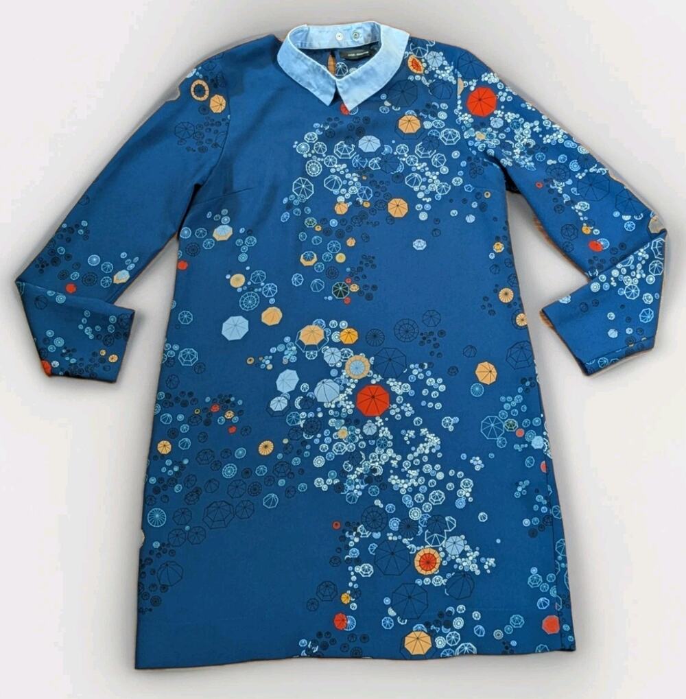 Cop Copine Dress Womens 38 Blue Graphic Print Y2K Avant Garde Floating Collar